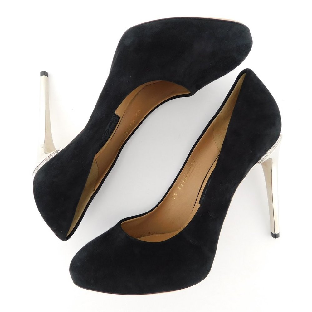 New FERRAGAMO Black Suede Leather Crystal Accent Trim Heel Pumps 8.5 - Picture 5 of 10